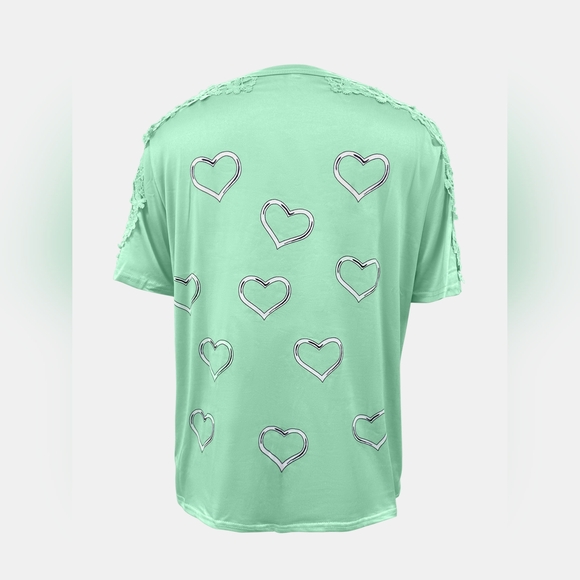 Full Size Lace Detail Heart Round Neck Short Sleeve Top - Picture 2 of 5